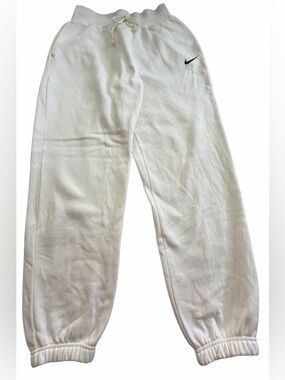 Nike White Fleece Jogger Sweatpants with Black Swoosh and Pockets, Size S